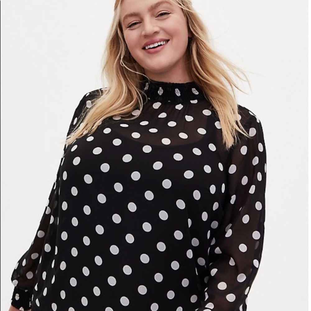 Black Sheer Chiffon Polka Dot Smocked Neck blouse